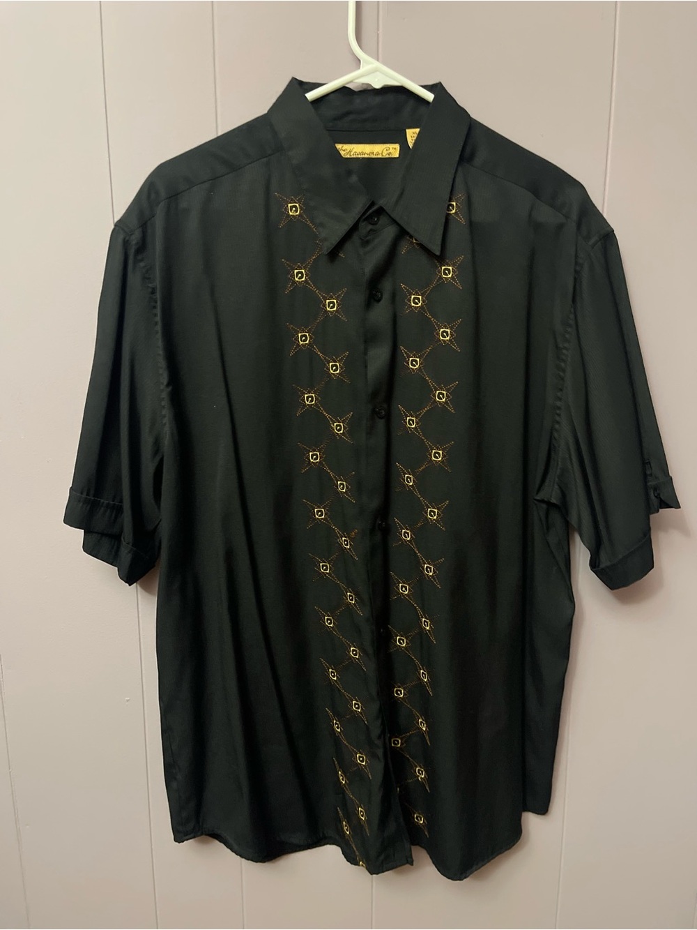 Black Short-Sleeve retro Button-Down Shirt with Gold Embroidered Trim